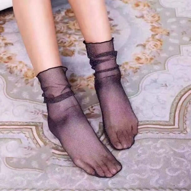 Women Fishnet Mesh Lace Ruffle Socks Sheer Silky Glitter Short Ankle Stockings